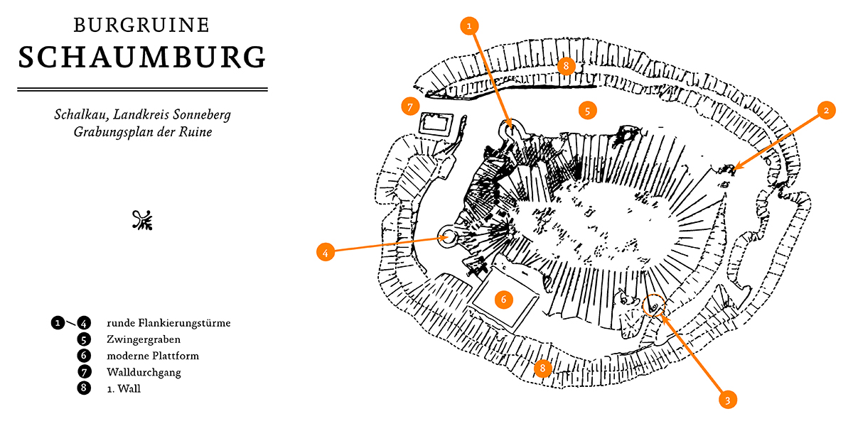 Nachzeichnung des Grabungsplan der Burgruine Schaumburg bei Schalkau. © Sven Becker