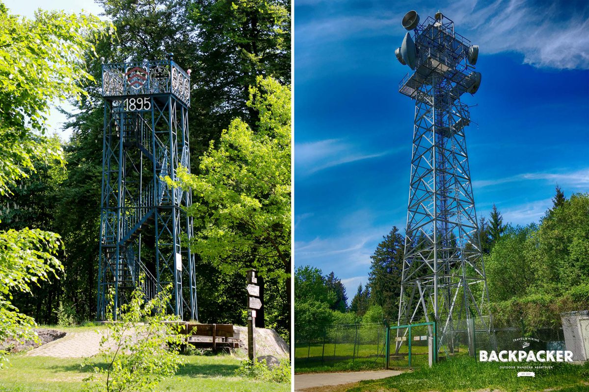 Links der Eiserne Anton von 1895, bei Besteigung ein Aussichtsturm – rechts der Stählerne Oscar, unbesteigbar. Dafür sorgt letzterer für fast grenzenlosen Funk- und Fernsehempfang. Auch schön.