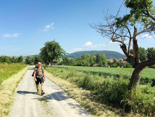 Hinter Eschau geht es erst einmal über Wiesen und Acker bevor es bei Mönchberg wieder in die Wälder geht.