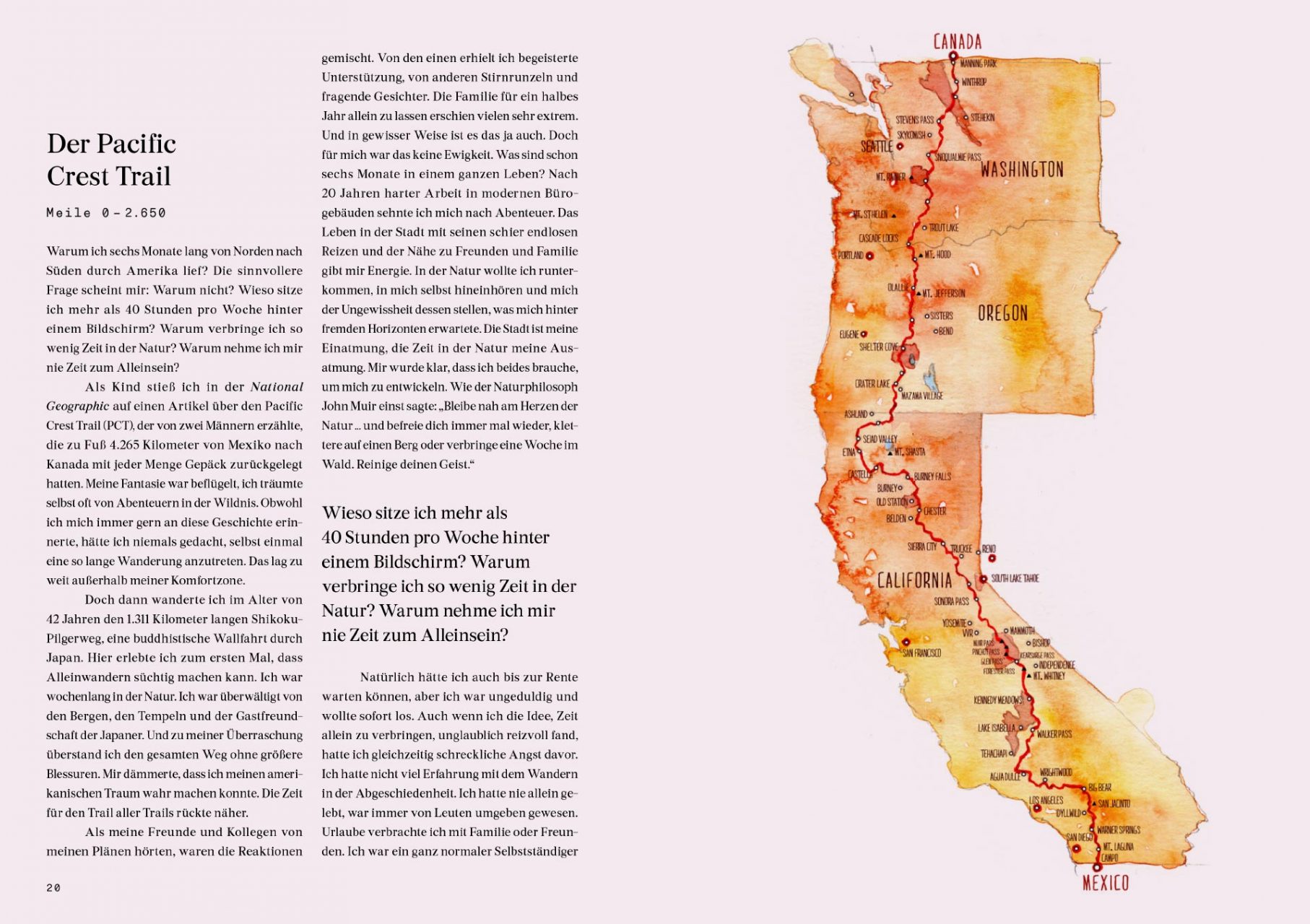 Überblick Pacific Crest Trail, Doppelseite aus dem Buch „Allein“, erschienen im Gestalten Verlag, @gestalten